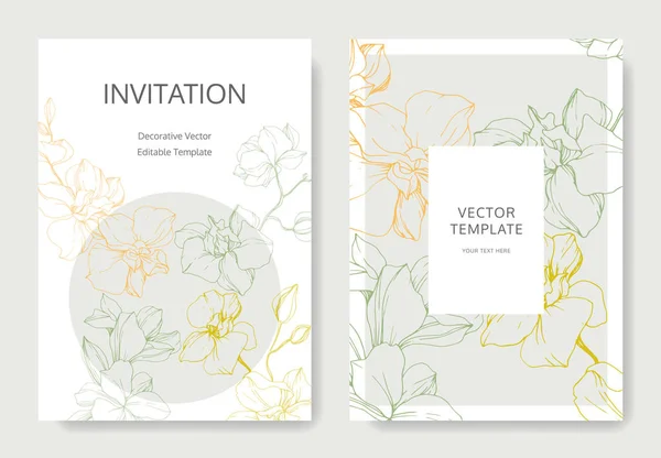 Ορχιδέα Λουλούδια Κίτρινο Πράσινο Και Πορτοκαλί Χαραγμένο Μελάνι Τέχνης Κάρτες — Διανυσματικό Αρχείο