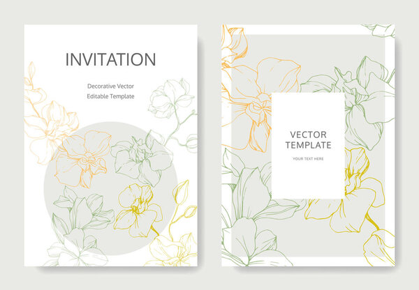Yellow, green and orange orchid flowers. Engraved ink art. Wedding cards with floral decorative borders. Thank you, rsvp, invitation elegant cards illustration graphic set.