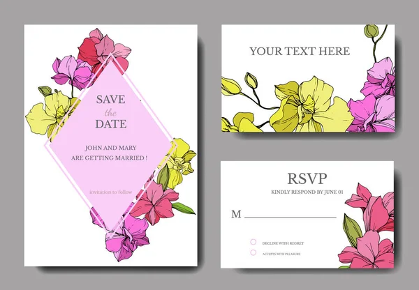 Hermosas Flores Orquídea Grabado Arte Tinta Tarjetas Boda Con Bordes — Vector de stock