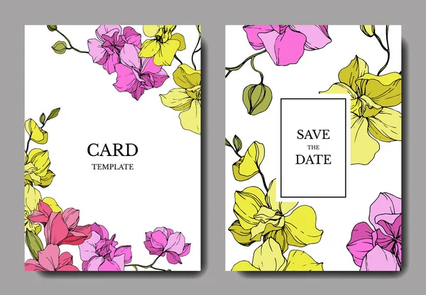 Lindas Flores Orquídeas Gravadas Arte Tinta Cartões Casamento Com Bordas — Vetor de Stock