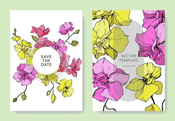 Hermosas Flores Orquídea Grabado Arte Tinta Tarjetas Boda Con Bordes — Vector de stock