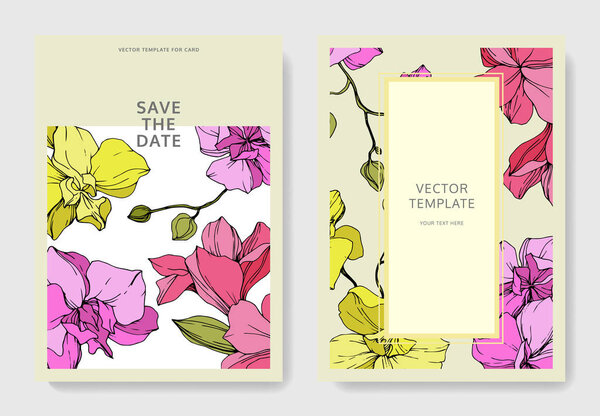 Beautiful orchid flowers engraved ink art. Wedding cards with floral decorative borders. Thank you, rsvp, invitation elegant cards illustration graphic set.