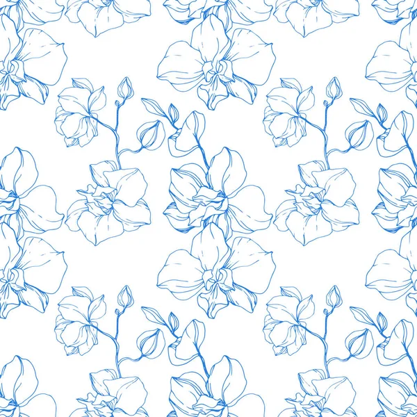 Beautiful blue orchid flowers. Engraved ink art. Seamless background pattern. Fabric wallpaper print texture. — Stock Illustration Beautiful Blue Orchid Flowers Engraved Ink Art Seamless Background Pattern Royalty Free Stock Illustrations