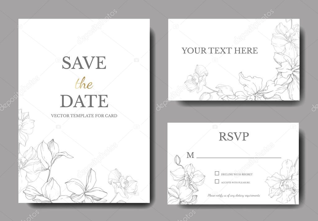 Wedding cards with floral decorative borders. Beautiful orchid flowers. Thank you, rsvp, invitation elegant cards illustration graphic set.