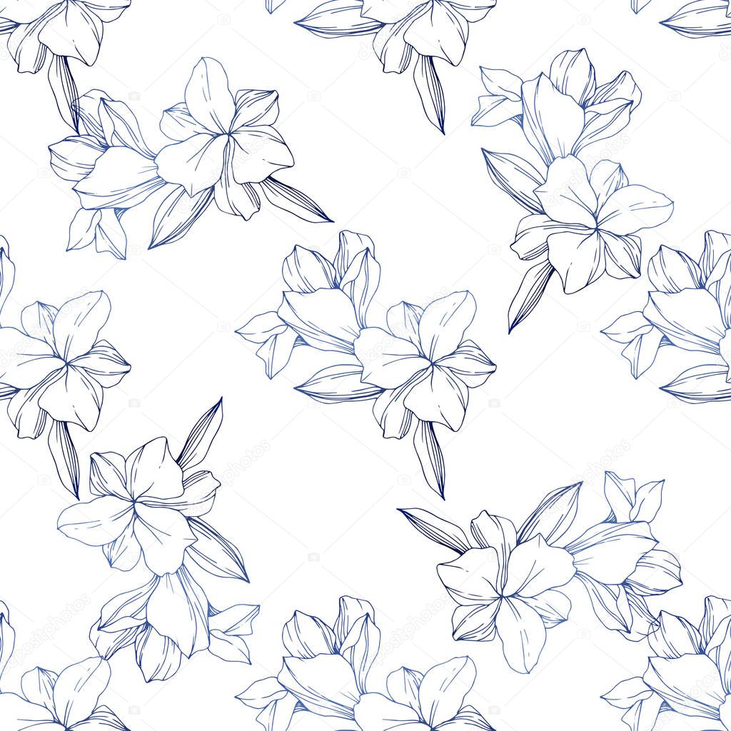Beautiful blue orchid flowers. Engraved ink art. Seamless background pattern. Fabric wallpaper print texture.