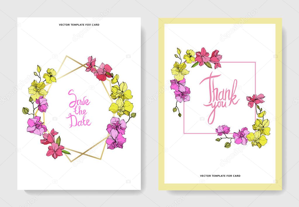 Beautiful orchid flowers engraved ink art. Wedding cards with floral decorative borders. Thank you, rsvp, invitation elegant cards illustration graphic set.