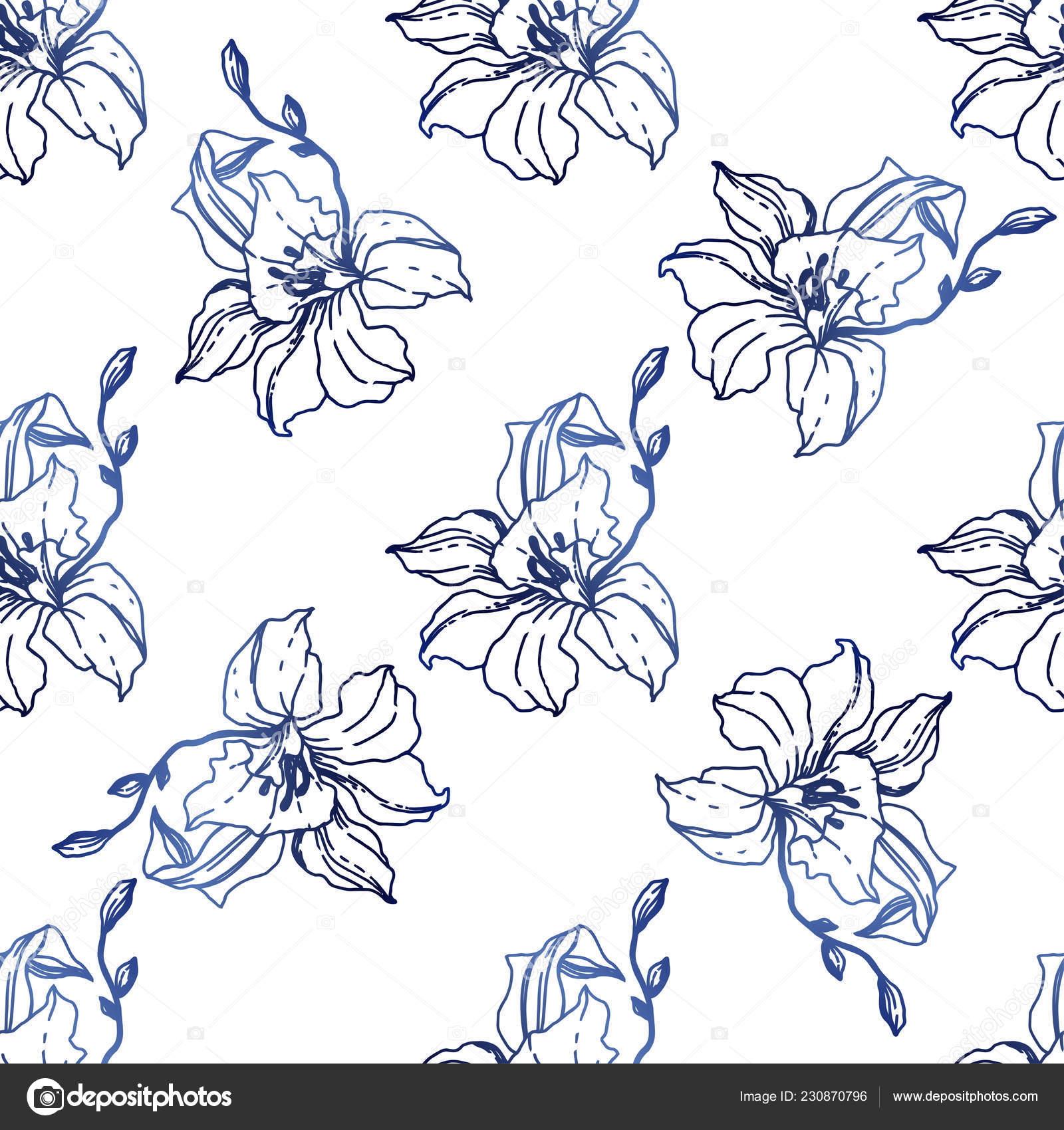 Beautiful Blue Orchid Flowers Seamless Background Pattern Fabric