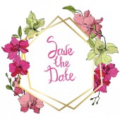 Beautiful orchid flowers. Pink and yellow engraved ink art. Frame golden crystal. Save the Date handwriting monogram calligraphy.