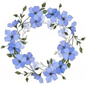 Vektor. Kék len virágok elszigetelt fehér background, zöld levelekkel. Vésett tinta art. Keret Virág Koszorú.