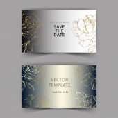 Vector. Golden rose flowers on silver cards. Wedding cards with floral decorative borders. Thank you, rsvp, invitation elegant cards illustration graphic set. Engraved ink art.