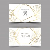 Vector. Golden rose flowers on cards. Wedding cards with golden borders. Thank you, rsvp, invitation elegant cards illustration graphic set. Engraved ink art.