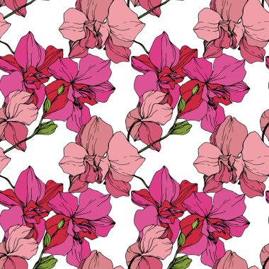 Beyaz arka plan üzerinde güzel pembe orkide çiçekler. Sorunsuz arka plan deseni. Kumaş duvar kağıdı yazdırma doku. Oyulmuş mürekkep sanat.