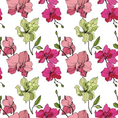 Güzel pembe ve sarı orkide çiçekler. Sorunsuz arka plan deseni. Kumaş duvar kağıdı yazdırma doku. Beyaz arka plan üzerinde oyulmuş mürekkep sanat.