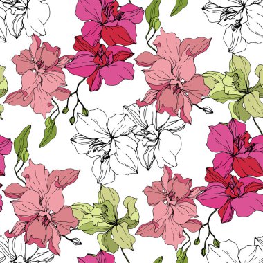 Güzel pembe ve sarı orkide çiçekler. Sorunsuz arka plan deseni. Kumaş duvar kağıdı yazdırma doku. Beyaz arka plan üzerinde oyulmuş mürekkep sanat.