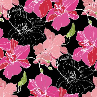 Beautiful pink orchid flowers isolated on black background. Seamless background pattern. Fabric wallpaper print texture. Engraved ink art. clipart
