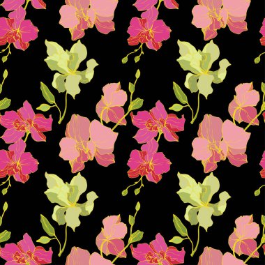 Güzel pembe ve sarı orkide çiçekler. Sorunsuz arka plan deseni. Kumaş duvar kağıdı yazdırma doku. Siyah arka plan üzerine kazınmış mürekkep sanat.