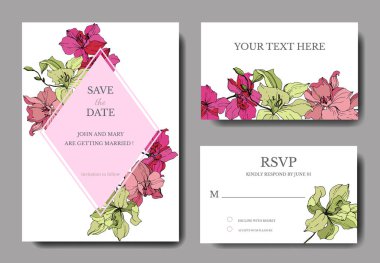 Güzel orkide çiçekler mürekkep sanat kazınmış. Düğün kartları çiçek dekoratif sınırları ile. Teşekkür ederim, rsvp, davet zarif kartları illüstrasyon grafik kümesi.