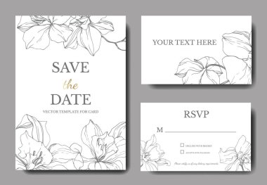 Beautiful Vector Orchid Flowers. Silver engraved ink art. Wedding cards with floral decorative borders. Thank you, rsvp, invitation elegant cards illustration graphic set. clipart