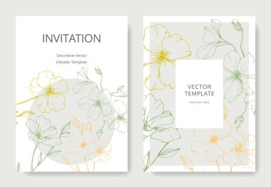 Vector. Flax flowers. Engraved ink art. Wedding cards with floral decorative borders. Thank you, rsvp, invitation elegant cards illustration graphic set. clipart