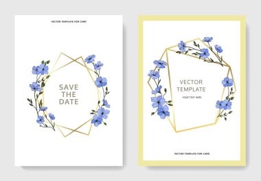 Vektör. Mavi keten çiçekler. Oyulmuş mürekkep sanat. Düğün kartları çiçek dekoratif sınırları ile. Teşekkür ederim, rsvp, davet zarif kartları illüstrasyon grafik kümesi.