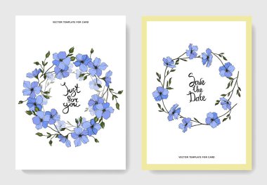 Vector. Blue flax flowers. Engraved ink art. Wedding cards with floral decorative borders. Thank you, rsvp, invitation elegant cards illustration graphic set. clipart