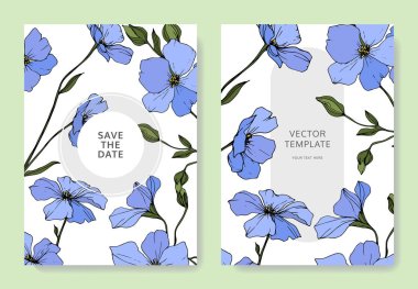 Vektör. Mavi keten çiçekler. Oyulmuş mürekkep sanat. Düğün kartları çiçek dekoratif sınırları ile. Teşekkür ederim, rsvp, davet zarif kartları illüstrasyon grafik kümesi.