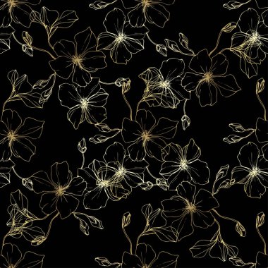 Vector. Flax flowers. Engraved ink art. Seamless pattern on black background. Fabric wallpaper print texture. clipart