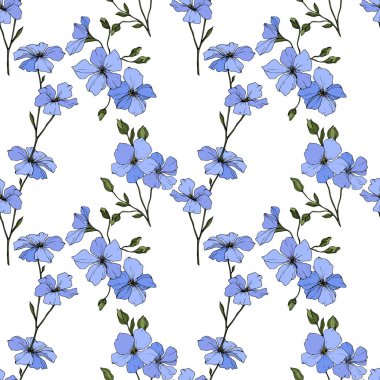 Güzel mavi keten çiçekler. Oyulmuş mürekkep sanat. Dikişsiz desen beyaz arka plan üzerinde. Kumaş duvar kağıdı yazdırma doku.