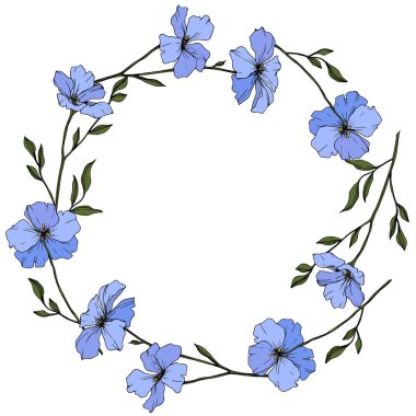 Vektör. Beyaz arka plan üzerinde izole yeşil yaprakları ile mavi keten çiçekler. Oyulmuş mürekkep sanat. Çerçeve çiçek çelenk.