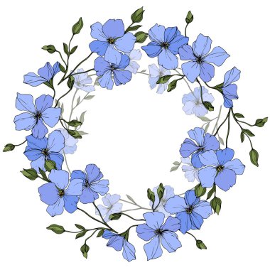 Vector. Blue flax flowers with green leaves isolated on white background. Engraved ink art. Frame floral wreath. clipart