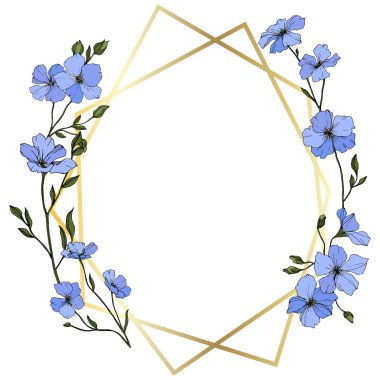 Vector. Blue flax flowers with green leaves and buds. Engraved ink art. Frame golden crystal. Geometric crystal stone polyhedron mosaic shape. clipart