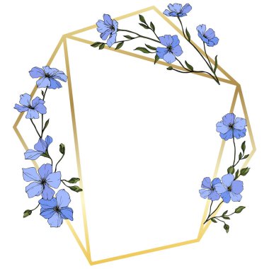 Vektör. Yeşil yaprakları ve tomurcukları ile mavi keten çiçekler. Oyulmuş mürekkep sanat. Çerçeve altın kristal. Geometrik kristal taş polihedron mozaik şekli.