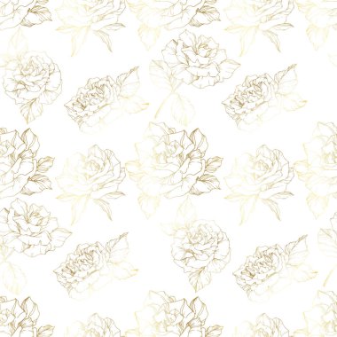 Vector Roses. Golden engraved ink art. Seamless background pattern. Fabric wallpaper print texture on white background. clipart