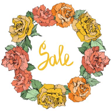 Vector. Rose flowers floral wreath. Coral, yellow and orange roses engraved ink art. Sale handwritten monogram calligraphy. clipart