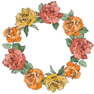 Vector rose flowers floral wreath on white background. Yellow, orange and coral roses engraved ink art. clipart