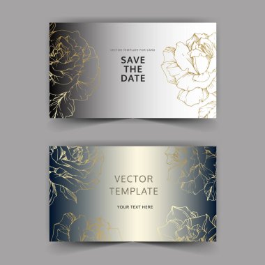 Vector. Golden rose flowers on silver cards. Wedding cards with floral decorative borders. Thank you, rsvp, invitation elegant cards illustration graphic set. Engraved ink art. clipart