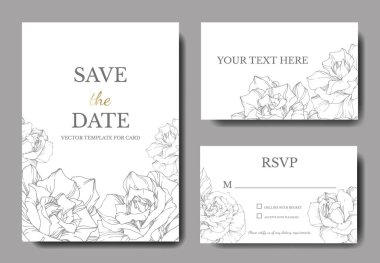 Vector. Silver rose flowers on white cards. Wedding cards with floral decorative borders. Thank you, rsvp, invitation elegant cards illustration graphic set. Engraved ink art. clipart