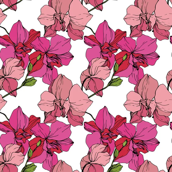 Beautiful pink orchid flowers on white background. Seamless background pattern. Fabric wallpaper print texture. Engraved ink art.