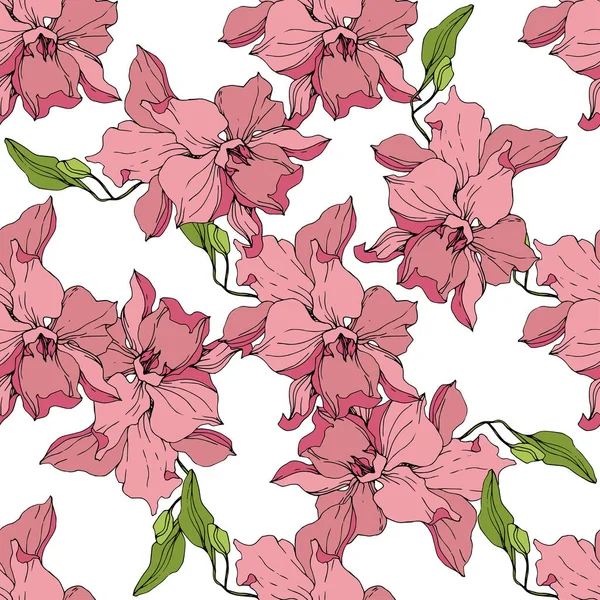 Beautiful Pink Orchid Flowers White Background Seamless Background Pattern Fabric — Stock Vector