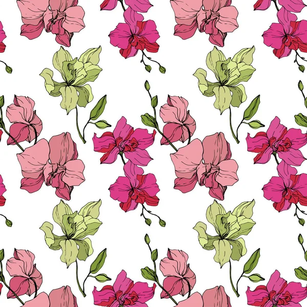 Schöne Rosa Und Gelbe Orchideenblüten Nahtlose Hintergrundmuster Textur Für Stofftapeten — Stockvektor