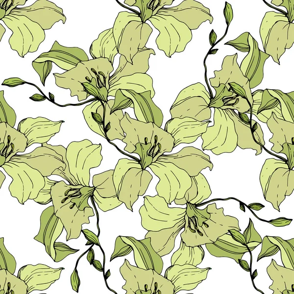 Mooie Gele Orchidee Bloemen Naadloze Achtergrondpatroon Structuur Behang Print Textuur — Stockvector
