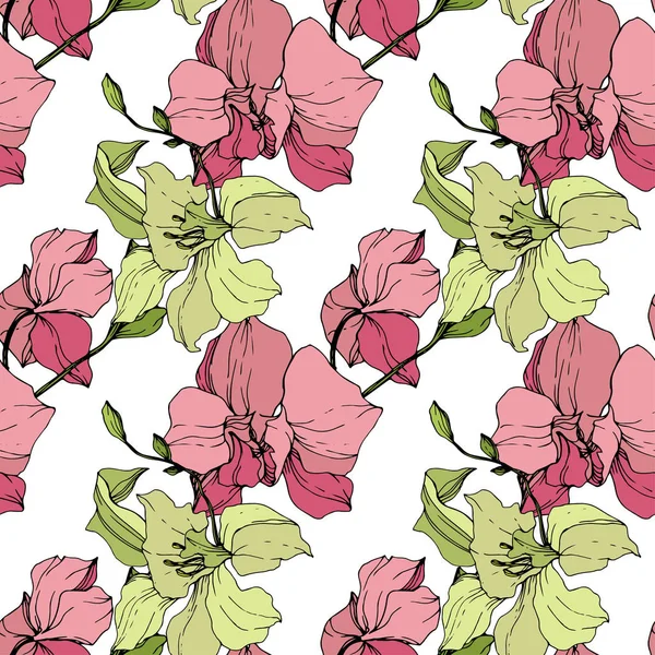 Beautiful Pink Yellow Orchid Flowers Seamless Background Pattern Fabric Wallpaper — Stock Vector