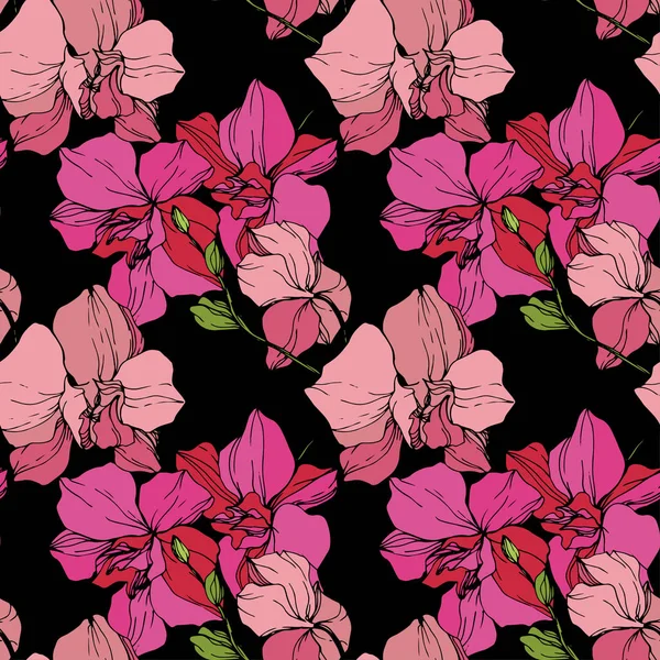 Beautiful Pink Orchid Flowers Isolated Black Background Seamless Background Pattern — Stock Vector