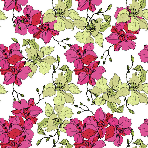 Beautiful pink and yellow orchid flowers. Seamless background pattern. Fabric wallpaper print texture. Engraved ink art on white background.