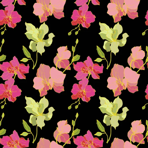 美しいピンクと黄色の蘭の花 シームレスな背景パターン 壁紙印刷手触りの生地 黒い背景に刻まれたインク アート — ストックベクタ