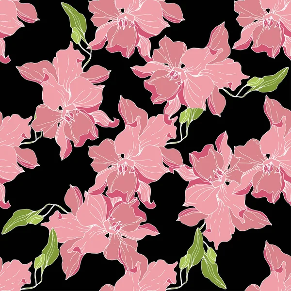 Beautiful Pink Orchid Flowers Isolated Black Background Seamless Background Pattern — Stock Vector