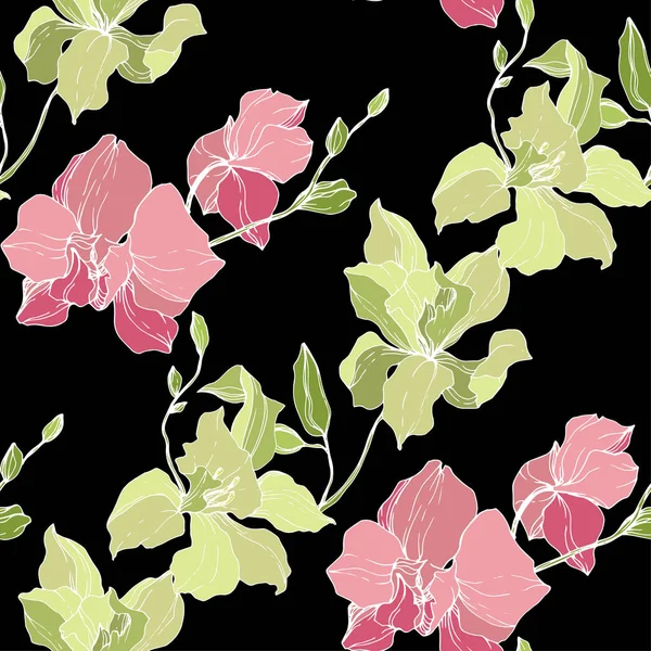 Beautiful Pink Yellow Orchid Flowers Seamless Background Pattern Fabric Wallpaper — Stock Vector