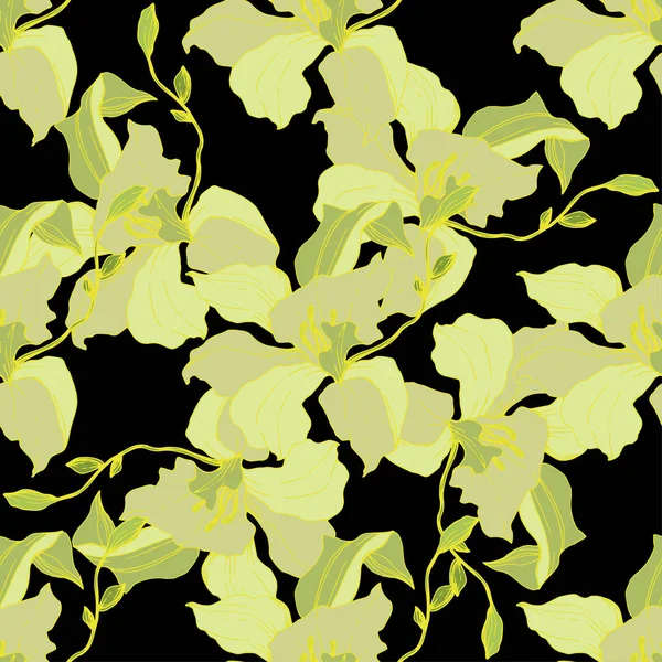Beautiful Yellow Orchid Flowers Seamless Background Pattern Fabric Wallpaper Print — Stock Vector