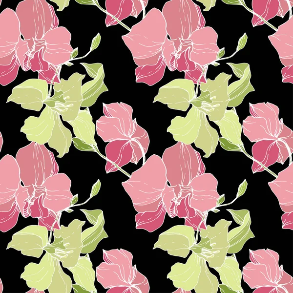 Beautiful Pink Yellow Orchid Flowers Seamless Background Pattern Fabric Wallpaper — Stock Vector