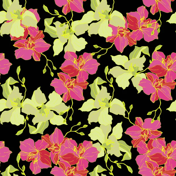 Beautiful Pink Yellow Orchid Flowers Seamless Background Pattern Fabric Wallpaper — Stock Vector